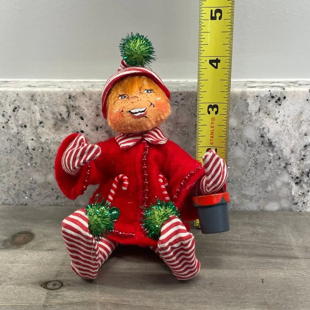 2006 Annalee Christmas Candy Cane Elf Festive Red Green Glitter Pompoms 5